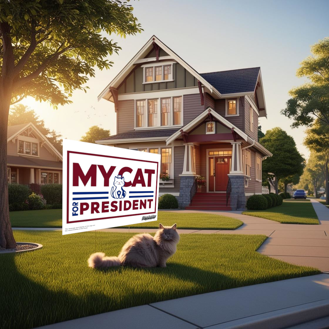 Funny yard sign in front of a suburban home reads “My Cat for President,” with a fluffy gray cat sitting proudly on the lawn beside it.